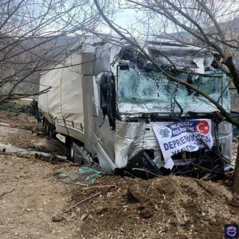 Deprem bölgesine yardım götüren TIR ağaçlara çarptı: 1 yaralı